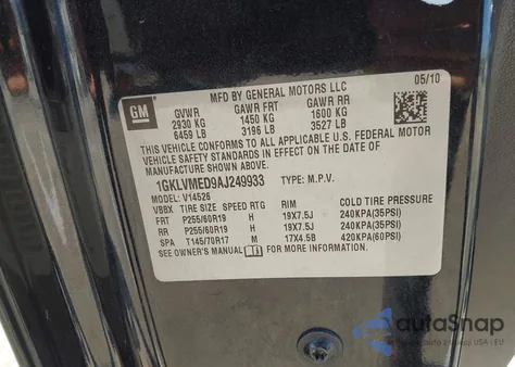 2010 GMC Acadia Slt-1 from USA, damaged, VIN 1GKLVMED9AJ249933